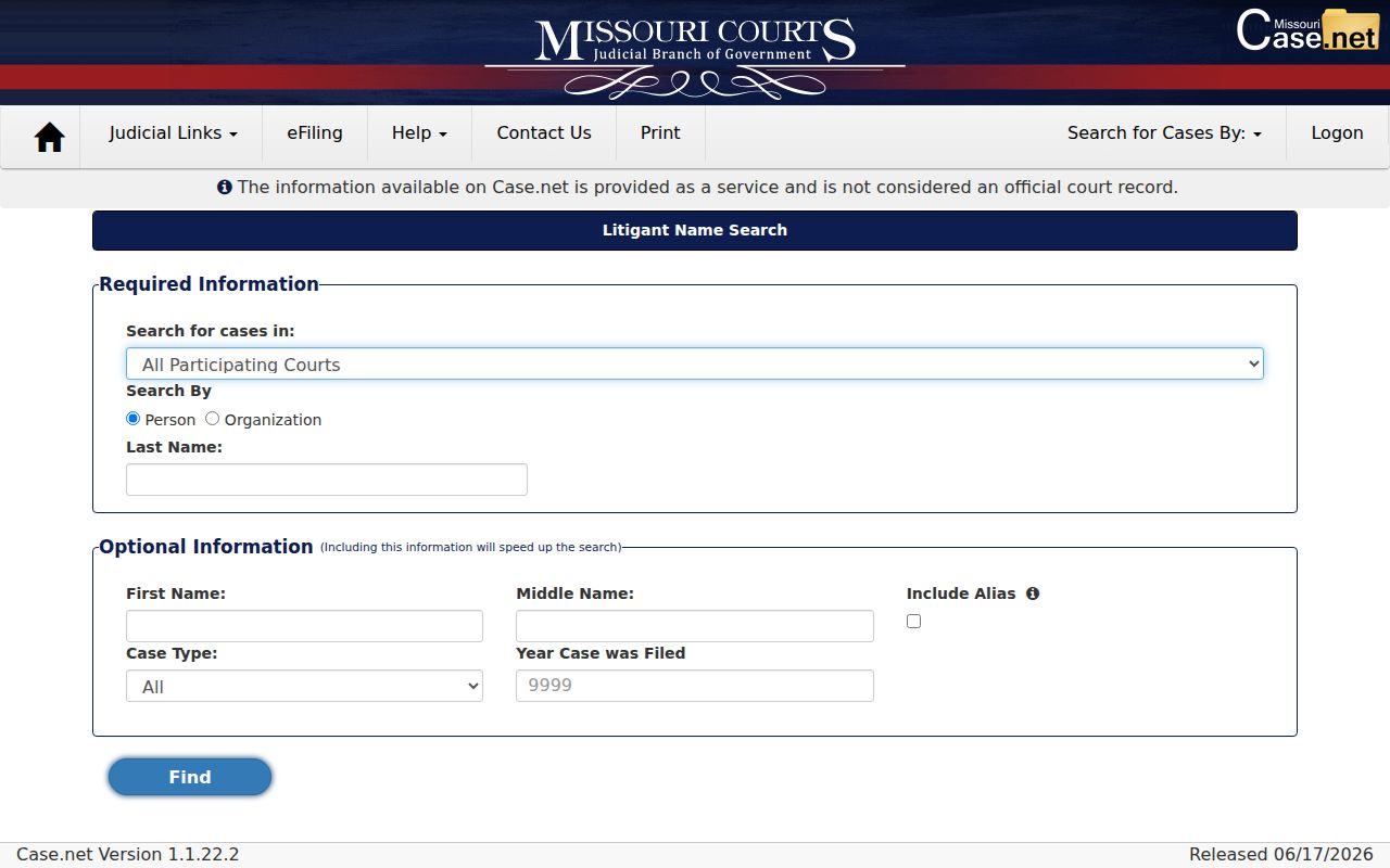 Pemiscot County court case lookup using the Case.net litigant name search