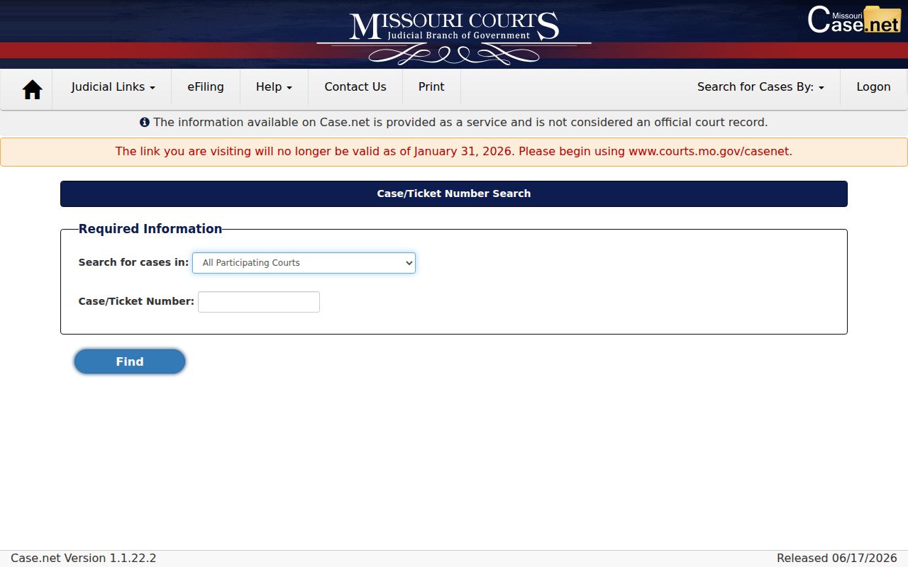 Pemiscot County criminal court case number search fields in Case.net