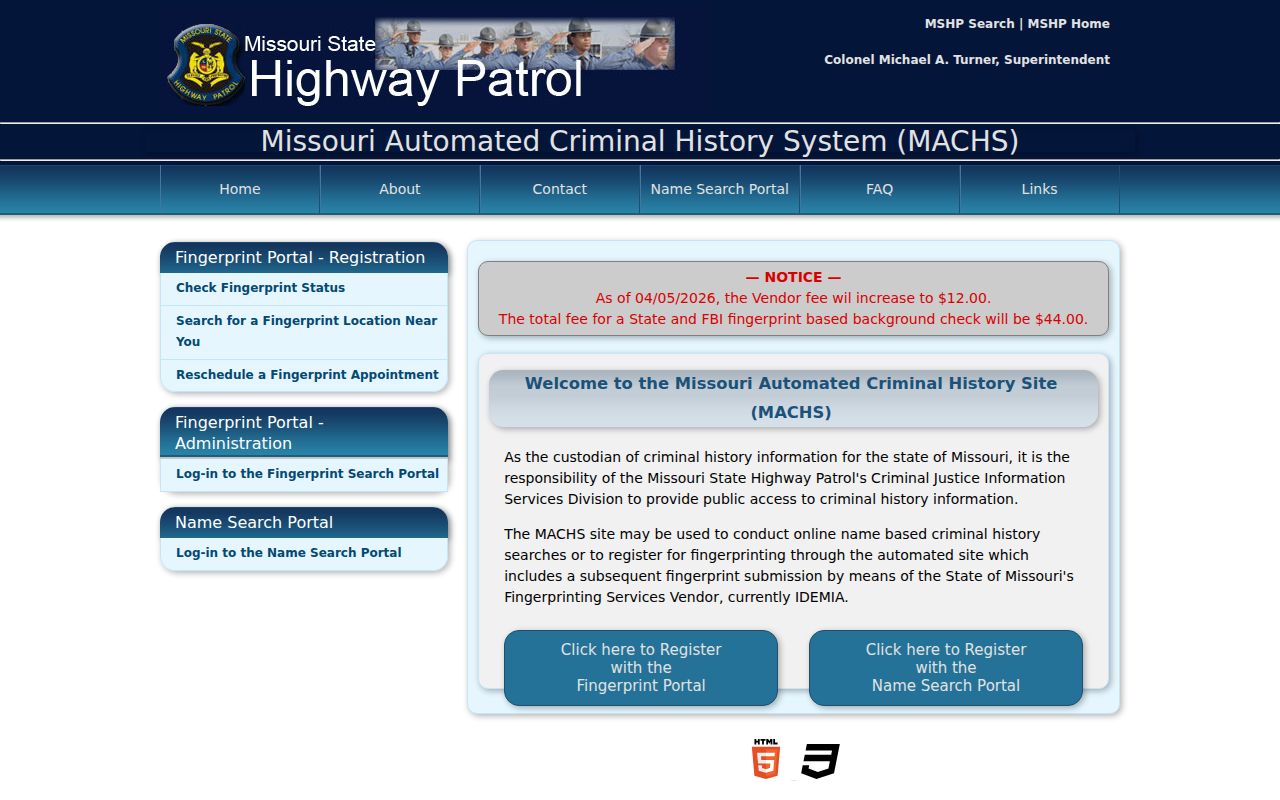 Pemiscot County criminal history options on the MACHS portal