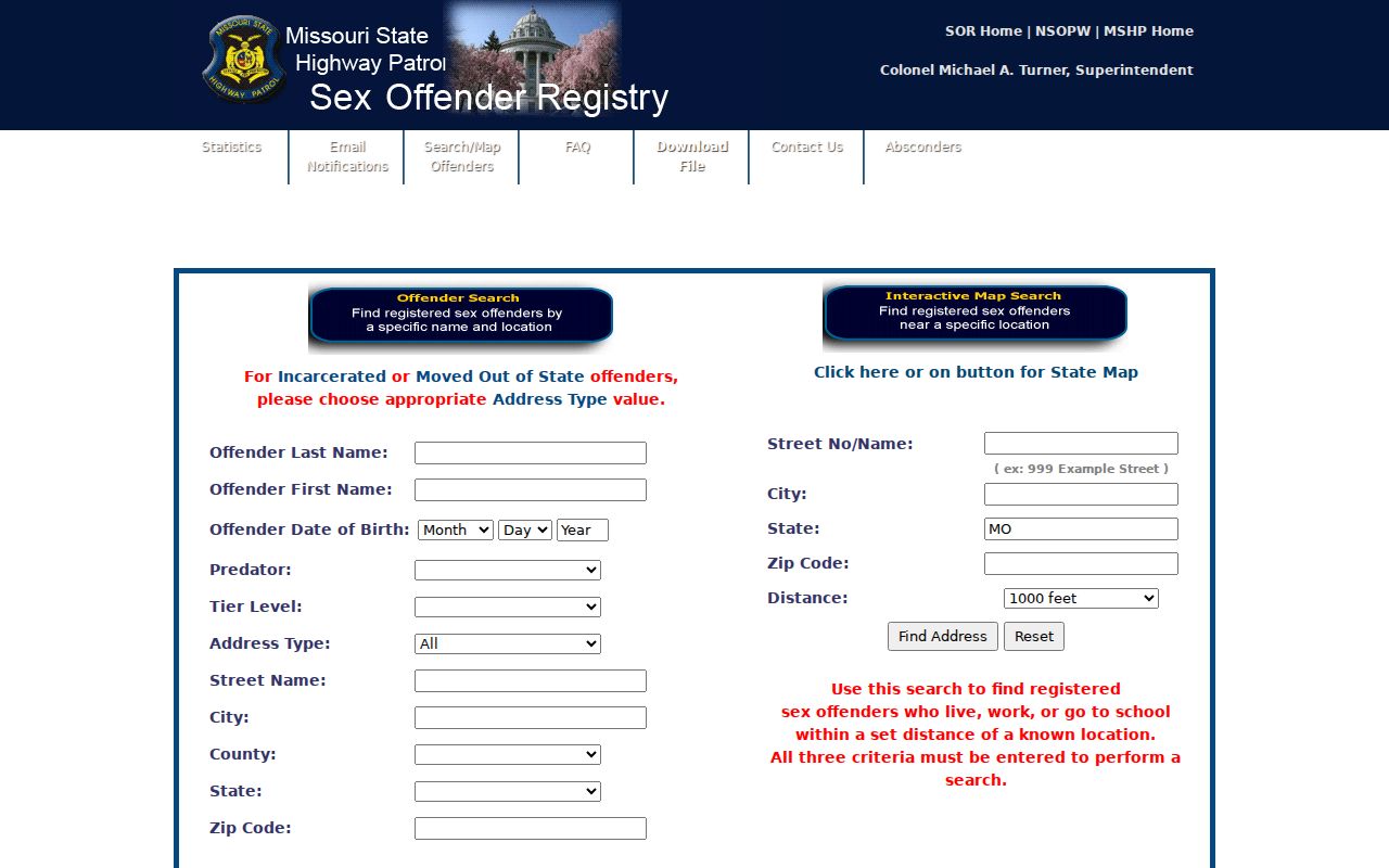 Pemiscot County sex offender registry search fields in Missouri